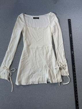 Finesse White Long Sleeve Square Neck Tie Detail Mini Dress